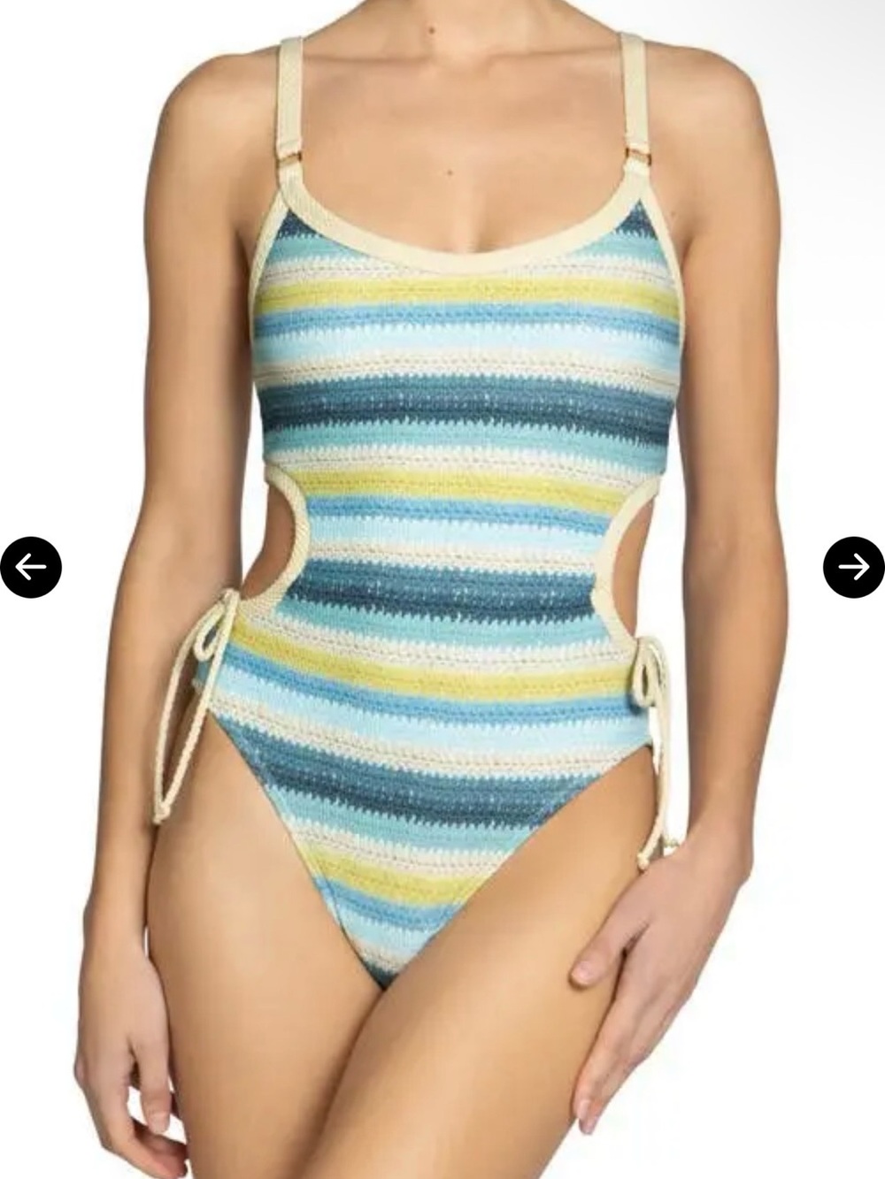 Robin Piccone Blue, Teal & Cream Striped Crochet One-Piece Swimsuit